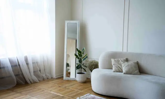 Elegante decoracion salon pequeño con sofá curvo, espejo antiguo y planta.