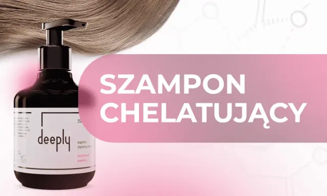 Butelka szamponu chelatującego "deeply" na tle falujących włosów. Dowiedz się, szampon chelatujący co to jest i jak działa.