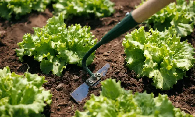 A hoe, one of the essential garden implements, is used to tend to rows of fresh green lettuce growing in dark soil.