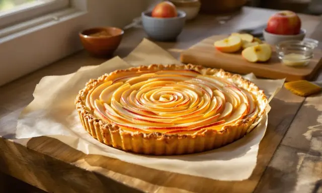 Délicieuse tarte aux pommes en spirale sur une pâte feuilletée dorée, prête à être dégustée.