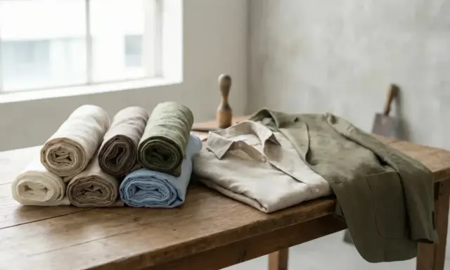 Rolled linen fabrics in natural tones and a linen shirt and jacket, showcasing the beautiful linen source.