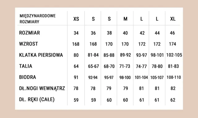 Tabela rozmiarów od XS do XL. Rozmiar 80 w klatce piersiowej odpowiada wiekowi ok. 10-12 lat, wzrostowi 168 cm.