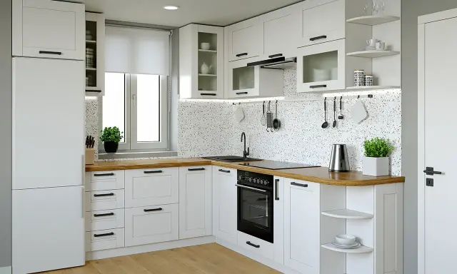 Nowoczesna kuchnia biało czarna z drewnianym blatem i kamiennym backsplash. Wygodne szafki i funkcjonalny sprzęt AGD.