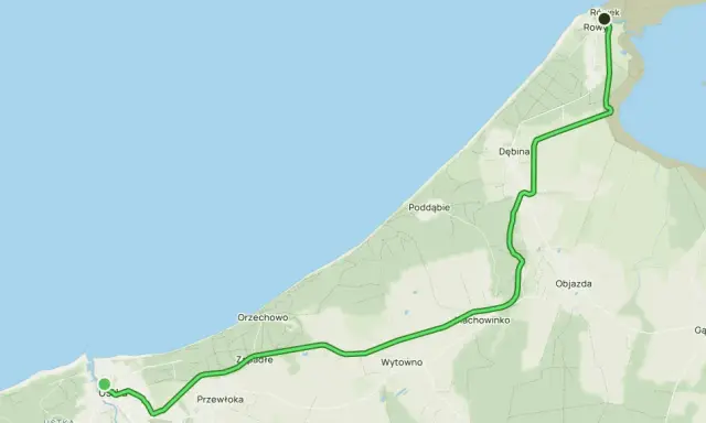 Mapa szlaku zwiniętych torów od Ustki przez Półwysep Helski do Rowów, wzdłuż wybrzeża Bałtyku i jeziora Gardno.