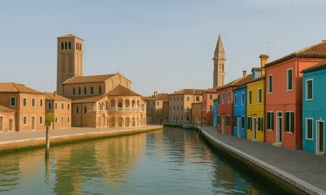 Canal bordé de maisons colorées sur l'île de Burano, avec une église et son clocher en arrière-plan.