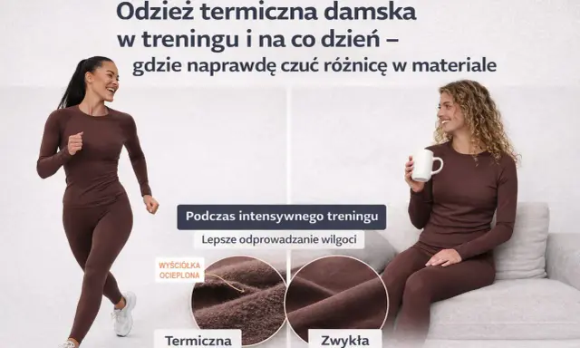 Dwie kobiety w brązowej odzieży termoaktywnej. Jedna biega, druga siedzi z kubkiem. Pokazano, jak działa odzież termoaktywna, odprowadzając wilgoć.