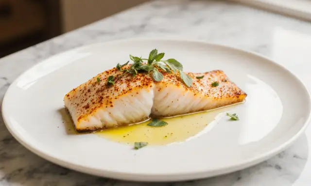 Ein saftiges Stück Backfisch im Airfryer, mit Kräutern und Gewürzen verfeinert, liegt auf einem Teller in flüssigem Gold.