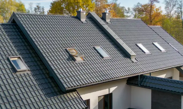 Szeroki dach pokryty ciemnoszarymi dachówkami ceramicznymi, z kilkoma oknami dachowymi i kominami. Różne rodzaje dachówek tworzą harmonijną całość.