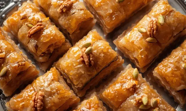 Słodka, złocista baklawa turecka, polana syropem i ozdobiona orzechami włoskimi i pistacjami, kusi swoim wyglądem.