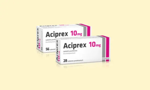 Opakowania leku Aciprex 10mg, zawierające escitalopram. Stosowany na depresję i zaburzenia lękowe.