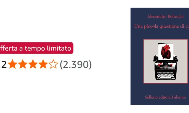 Copertina del libro "Una piccola questione di cuore" di Alessandro Robecchi, con un cuore rosso su una macchina da scrivere. Valutazione 4,2 stelle.