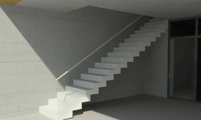 Nowoczesne schody dywanowe na beton, z jasną poręczą, w minimalistycznym wnętrzu.