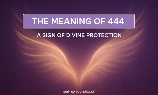Anielskie skrzydła emanują światłem. Tekst głosi "The Meaning of 444" i "A Sign of Divine Protection". 444 znaczenie to boska ochrona.