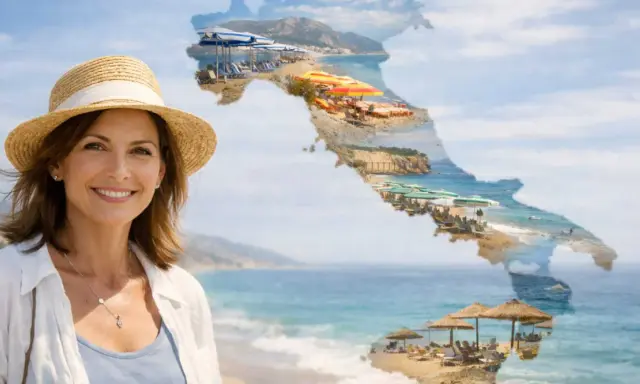 Donna sorridente con cappello di paglia su spiaggia italiana, ideale per sapere dove andare in vacanza a maggio in Italia.