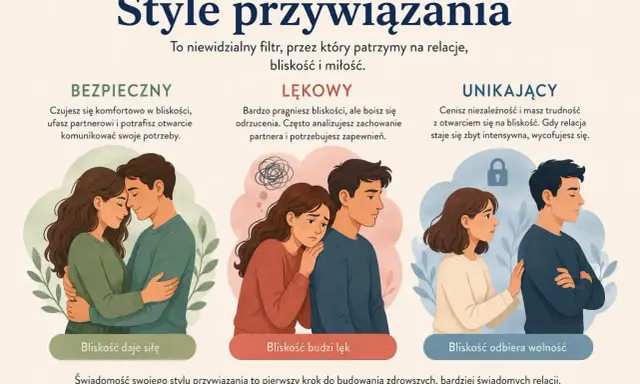 Ilustracja przedstawia trzy style przywiązania: bezpieczny, lękowy i unikający. Pokazuje, jak różne podejścia wpływają na bliskość w relacjach.