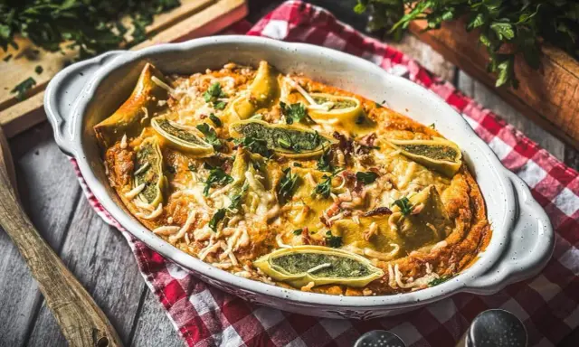 Herzhafter Maultaschen Auflauf mit Käse überbacken, garniert mit frischer Petersilie. Ein Genuss für die ganze Familie.