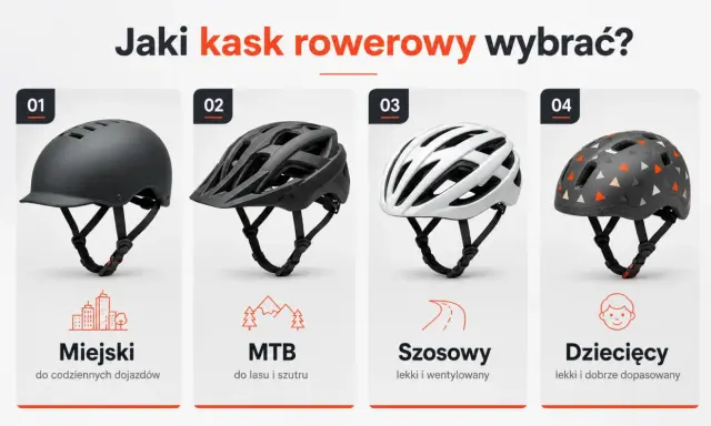 Cztery kaski rowerowe: miejski, MTB, szosowy i dziecięcy, każdy z opisem.