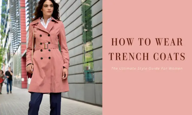 Modello elegante mostra come indossare il trench donna con stile, abbinato a pantaloni blu e camicia bianca.