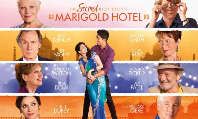Plakat filmu "The Second Best Exotic Marigold Hotel" z gwiazdami, idealny dla miłośników kina dla seniorów.