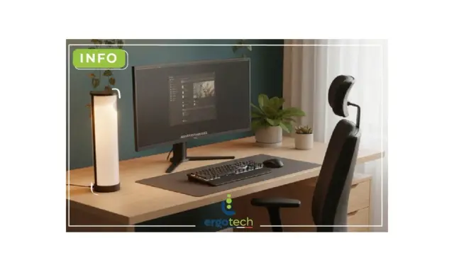 Bureau moderne avec écran, clavier, souris, lampe et chaise ergonomique. L'éclairage ambiant assure un excellent indice de rendu des couleurs pour le travail.
