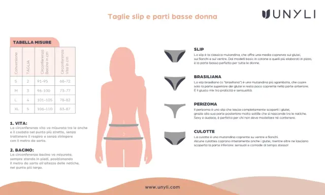 Tabella misure per slip donna: circonferenza vita e bacino. Trova la tua taglia perfetta per un comfort ottimale.
