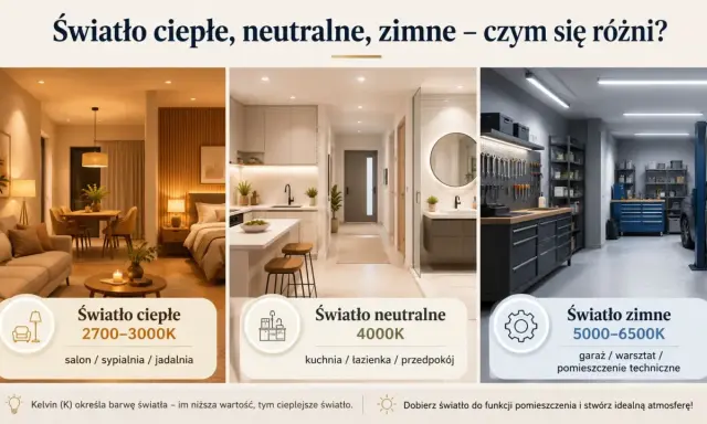 Trzy wnętrza: salon z ciepłym światłem (2700-3000K), kuchnia z neutralnym (4000K) i warsztat z zimnym (5000-6500K). Temperatura światła dziennego wpływa na atmosferę.