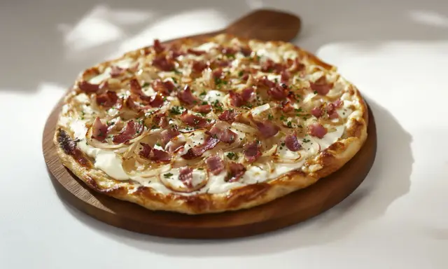 Flammekueche garnie d'oignons et de lardons, un accompagnement parfait pour un repas convivial.