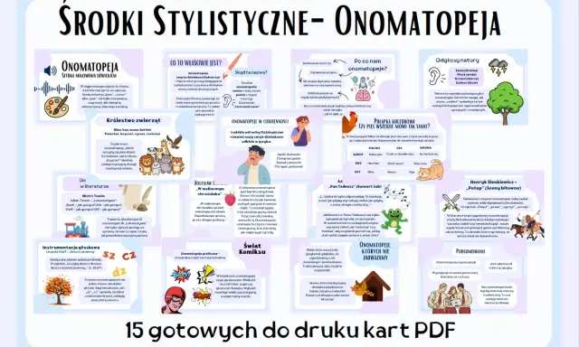 Onomatopeje to słowa naśladujące dźwięki, jak "miau" czy "bum". Wzbogacają język, tworząc obrazy dźwiękowe.