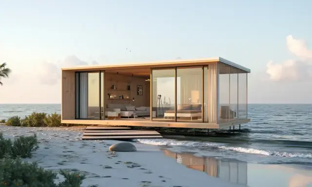 Nowoczesny dom z kontenerów na plaży, z przeszklonymi ścianami i widokiem na morze. Idealne miejsce na relaks.