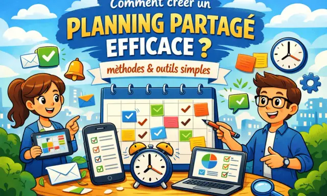Des enfants joyeux apprennent à créer un planning partagé efficace avec des outils simples comme un calendrier, un téléphone et un ordinateur.
