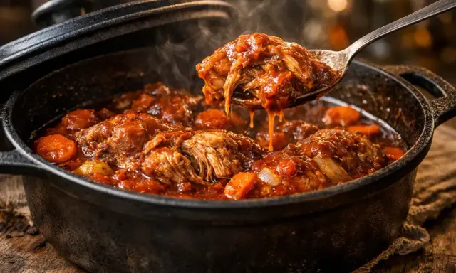 Un osso bucco de dinde mijoté dans une sauce tomate riche, avec des carottes et des oignons. La viande effilochée tombe d'une cuillère, fumante et appétissante.