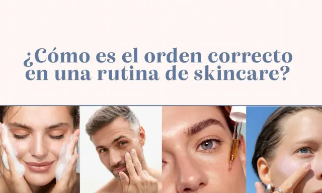 Cuatro personas mostrando pasos de una rutina skincare: limpieza, aplicación de crema, sérum y protector solar.