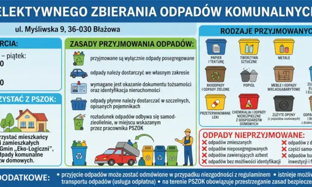 PSZOK w Błażowej przyjmuje posegregowane odpady komunalne od mieszkańców. Sprawdź godziny otwarcia i zasady przyjmowania.