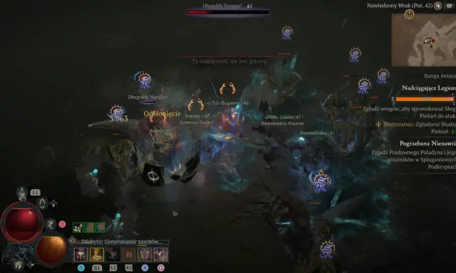Intensywna walka w Diablo 4. Barbarzyńca z potężnym diablo 4 barbarzyńca build walczy z hordą wrogów, wykorzystując swoje umiejętności.
