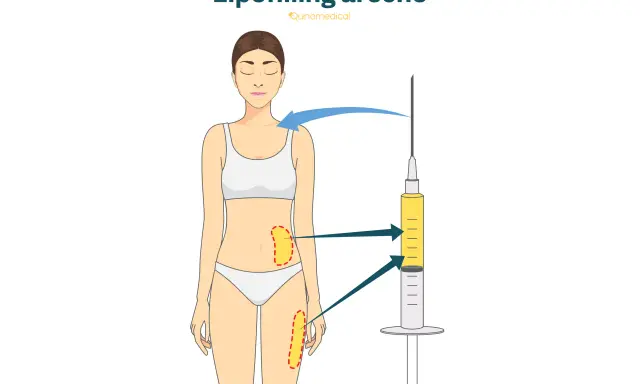 Illustrazione del lipofilling al seno: grasso prelevato da addome e cosce viene iniettato per aumentare il volume del seno.