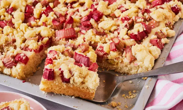 Saftiger Rhabarberkuchen mit Streuseln auf Hefeteig, frisch aus dem Blech geschnitten.