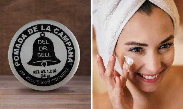 Pomada Dr. Bell's, la crema la campana, aplicada en el rostro de una mujer sonriente con toalla en la cabeza.