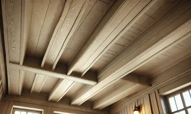 Plafond avec poutres peintes couleur lin, créant une ambiance chaleureuse et rustique.