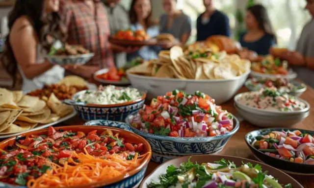 Un joyeux repas à partager entre amis, avec une table débordant de tortillas, de guacamole, de salsa et d'autres délices.