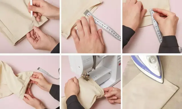 Sy linnebyxor: mät, nåla, sy med maskin och pressa.