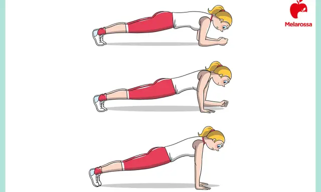 Illustrazione di una donna che esegue diversi tipi di plank: sul gomito, con mani a terra e in posizione alta.