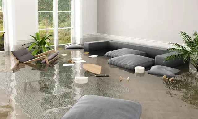 Un salon inondé, un fauteuil renversé, des coussins flottants. Que faire en cas de dégât des eaux ?