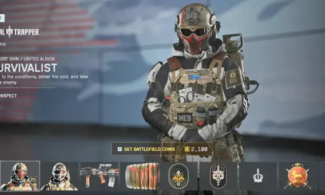 Postać w zimowym kamuflażu z maską, gotowa do walki w grach podobnych do Battlefield.