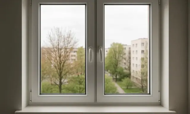 Ventana doble de PVC con vista a edificios y árboles. Cumple la normativa de ventanas para viviendas, ofreciendo aislamiento y seguridad.
