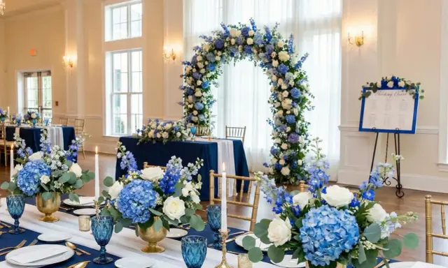 Elegancka sala weselna z niebieskim jako kolorem przewodnim. Dekoracje z niebieskich i białych kwiatów, złote wazony i świece tworzą romantyczną atmosferę.