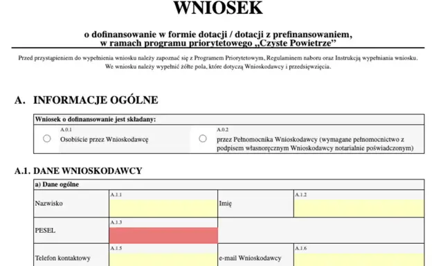 Wniosek o dofinansowanie „Czyste Powietrze” zawiera pola na dane wnioskodawcy, takie jak nazwisko, PESEL i dane kontaktowe. Wzór wniosku o wczasy pod gruszą nie jest widoczny.