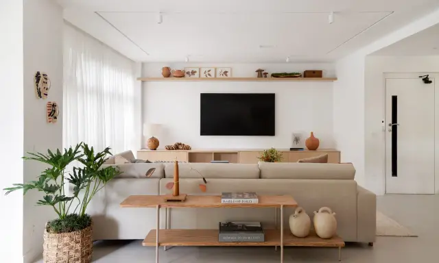 Estantería de madera con objetos decorativos, jarrones y cuadros. Un sofá beige y una planta grande complementan el espacio. Ideas de qué poner detrás del sofá.