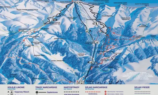Mapa Tatr z zaznaczonymi szlakami z Kasprowego Wierchu, trasami narciarskimi i pieszymi.