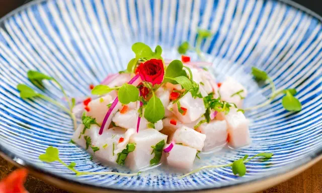 Pyszne ceviche z kawałków białej ryby, czerwonej cebuli, papryczki chili i ziół, udekorowane kiełkami i małą czerwoną różą, na niebiesko-białym talerzu.