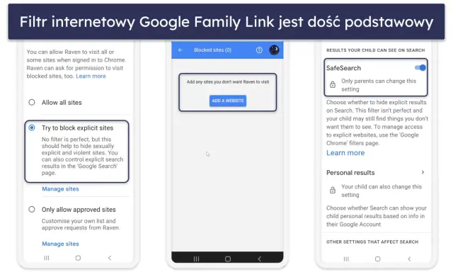 Jak zablokować strony dla dorosłych? Google Family Link oferuje opcję "Spróbuj blokować nieodpowiednie strony", która pomaga ukryć treści dla dorosłych.